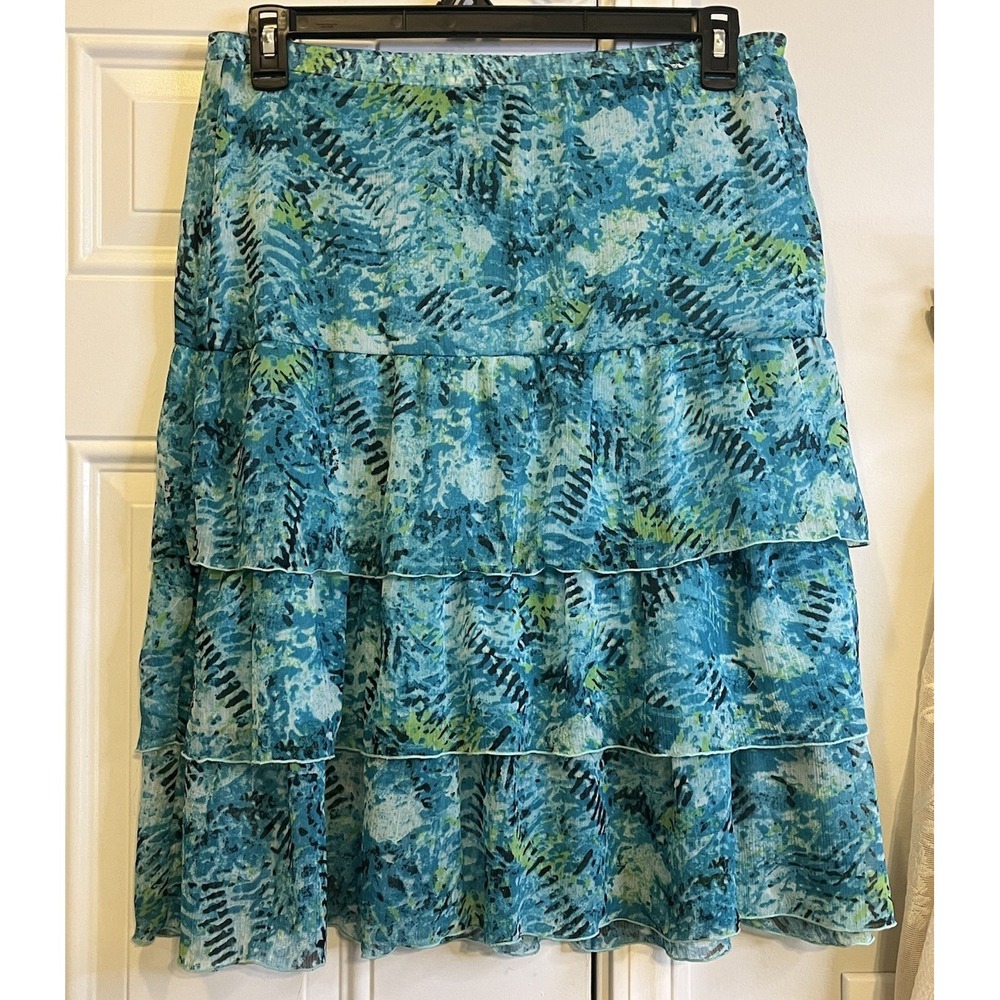 VTG Y2K Kim Rogers Midi Skirt S Blue Green Abstract Tiered Ruffle Mesh Fairy